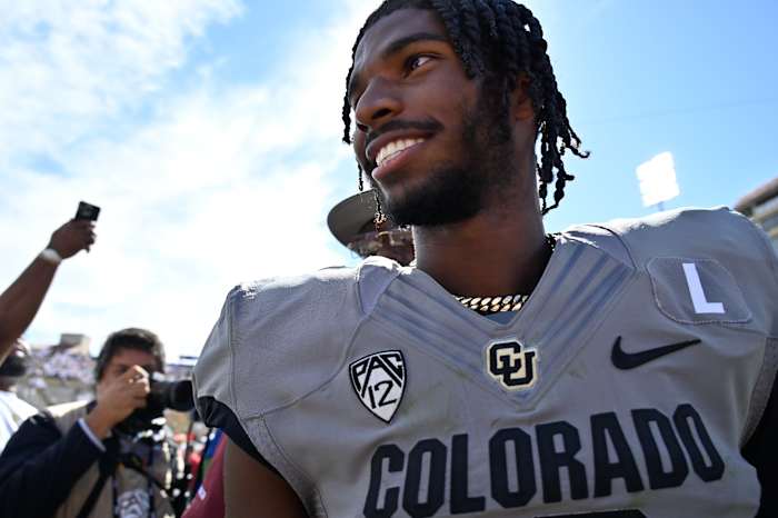 Sep 30, 2023; Boulder, Colorado, USA; Colorado Buffaloes quarterback Shedeur Sanders (2) smiles as he walks off the field after the game against the USC Trojans at Folsom Field